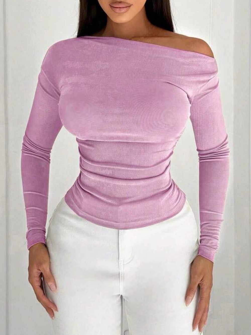 Pink Off Shoulder Ruched Top | Soft Glam Long Sleeve Blouse